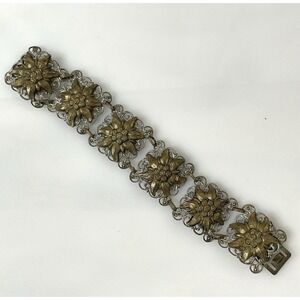 VTG Filigree Panel Bracelet Silver Gold Tone Flowers Push Clasp Carved 7.5" Fest